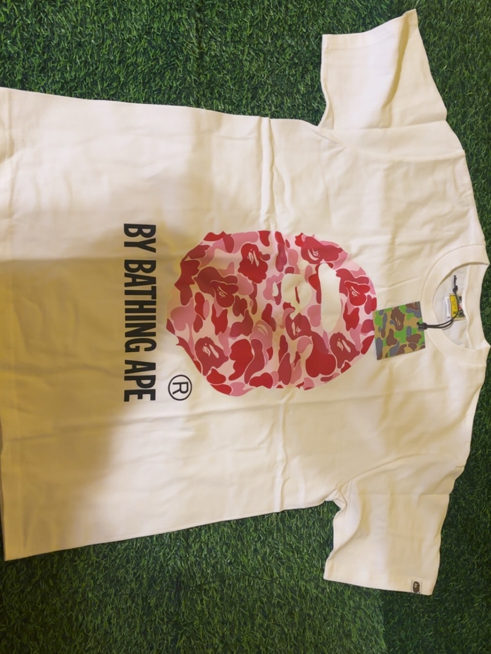 A Bathing Ape Kids' White Tee with Pink Camo Ape Head